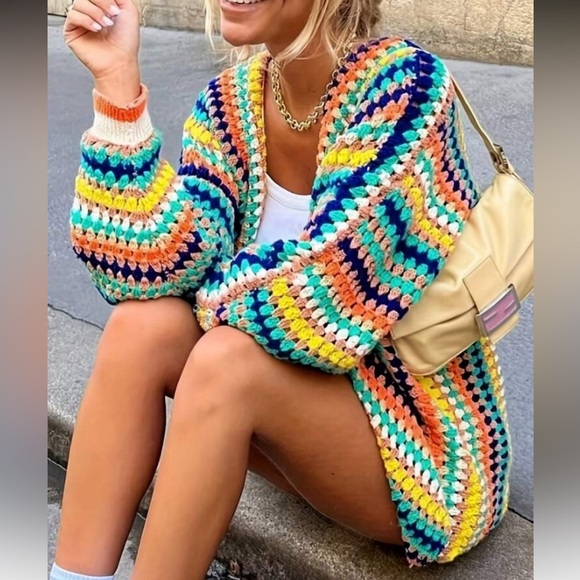 Sweaters - Bright Multi-Color Crochet Cardigan Sweater - Women